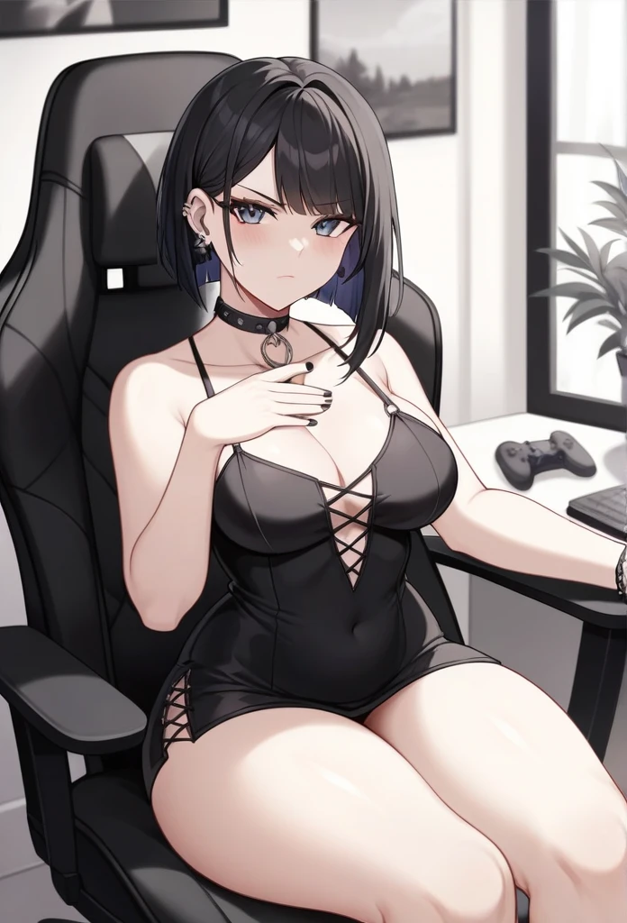 Adult, Female, Black hair, goth girl, gothic, goth clothing, goth make up, thick thighs, medium chest, annoyed, disgruntled, sitting in gaming chair, gt racing chair, black and white chair, bedroom, gothic bedroom, aesthetic bedroom, Masterpiece, Accurate, Anatomically Correct, Best Quality, High Details, Detail, Super Detailed, Best detail, Perfect detail, Amazing detail, [-3, 3], perfect hands, best hands, best fingers, perfect fingers, perfect body, best body, amazing body, Looking at viewer, front facing, upper body shot,