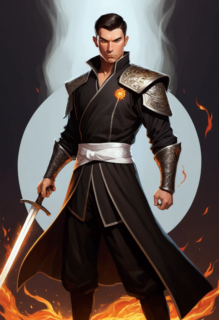 Cartoon man with sword in hand, sword on fire, dark brown hair. Black dress, white sash, short hair