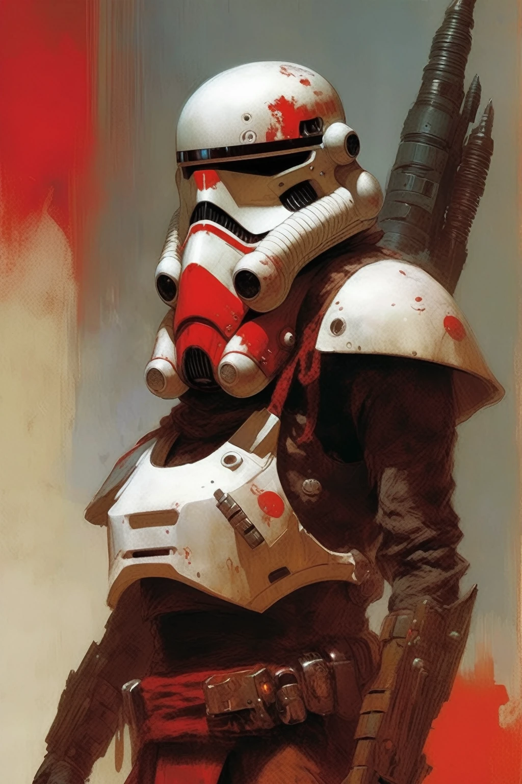 A stormtrooper, concept art, cyberpunk, stranger, fighter, star wars, heavy armor, light weapon, thin waist, frank frazetta style, alone, alien ambient, red drawnings on the helmet, red tribal drawnings on the armor, not rotten