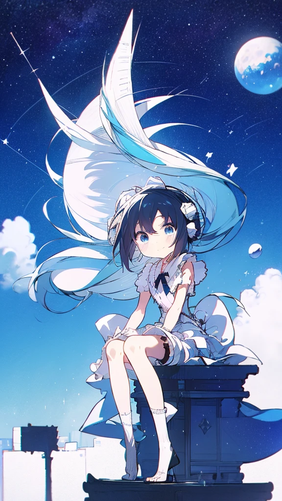 Seven-doppelganger shot，Anime style 4K,High quality anime art style，Standing painting，Splash ink background，Blue Themes、Pure white background,Buildings,Face close-up,Buildings,Moon and sun、Shining Star々,milky way,Bright Sky,Looking at me,Facing forward,Clear eyes and nose,cute,beautiful,Thin legs,sitting by the water, black hair, Blue eyes, girl, bob, front, whole body,Gray shorts,White and blue shoes,(((Anime style))),cute,Blue Background,Black Hair,Short Bob,Lolita Fashion