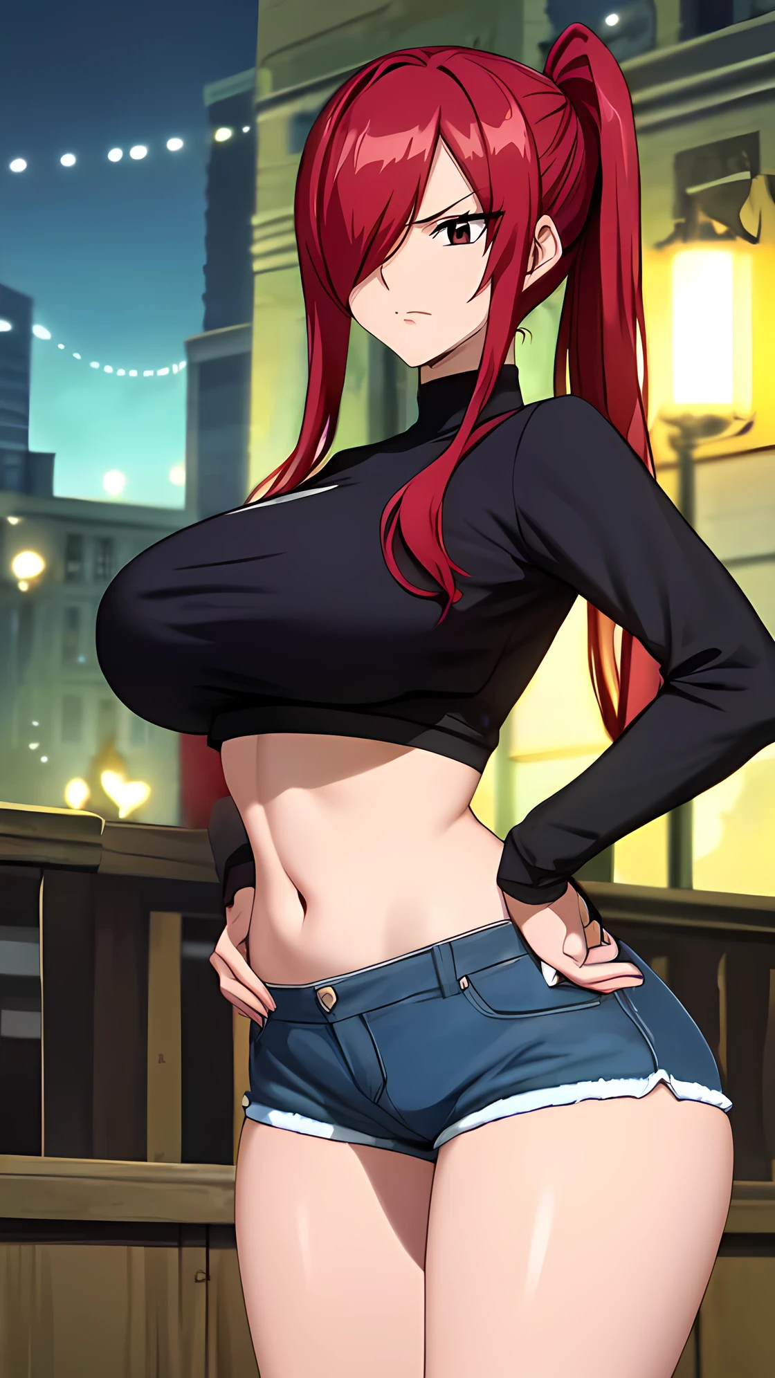 front view detailed body, long belly , curvy body, tight body , thicc, large breast, breast, long thighs, masterpiece, long hair, very long hair, bangs, red hair,side ponytails, lucy heartfilia, red hair, Hair covers one eye, erzascarlet, cowboy shot, front shot, looking at viewer, black shirt, crop top, denim, short denim, hot pants , night , city, outdoors, thong, navel, hand on hip, stockings, hand on hip,  20yo,Young female,Beautiful Finger,Beautiful long legs,Beautiful body,Beautiful Nose,Beautiful character design, perfect eyes, perfect face,expressive eyes, looking at viewer,(Full_body),(Focus on her face), official art,extremely detailed CG unity 8k wallpaper, perfect lighting,Colorful, Bright_Front_face_Lighting,shiny skin, (masterpiece:1.0),(best_quality:1.0), ultra high res,4K,ultra-detailed, photography, 8K, HDR, highres, absurdres:1.2, Kodak portra 400, film grain, blurry background, bokeh:1.2, lens flare, (vibrant_color:1.2) (Beautiful,large_Breasts:1.4), (beautiful_face:1.5),(narrow_waist), facing the viewer