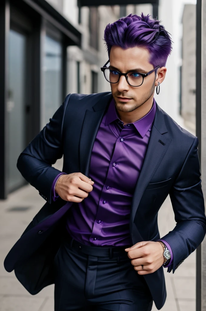 Blue eyes, purple hair, male, glasses, rings, earrings, black suit, black pants