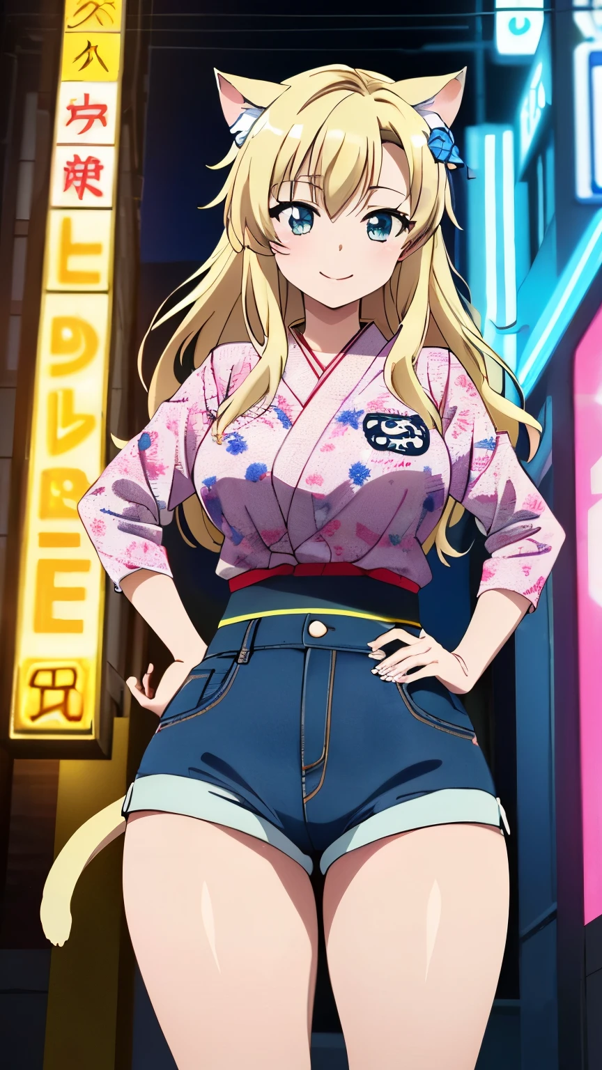 (masterpiece, best quality, 8k:1.2), (anime), sena, long hair, hair ornament, glamour, Large medium breasts, (From behind, ice cream print, multicolored neon lights, neon garland, Japanese graffiti, highly detailed eyes, underwear, lace, cat print, tattoos, affectionate, love, super short fit stamper flores, rollers, mesh tights, short denim shorts, 8K, curvy body, ample breasts, curvy hips,smile), dynamic angle