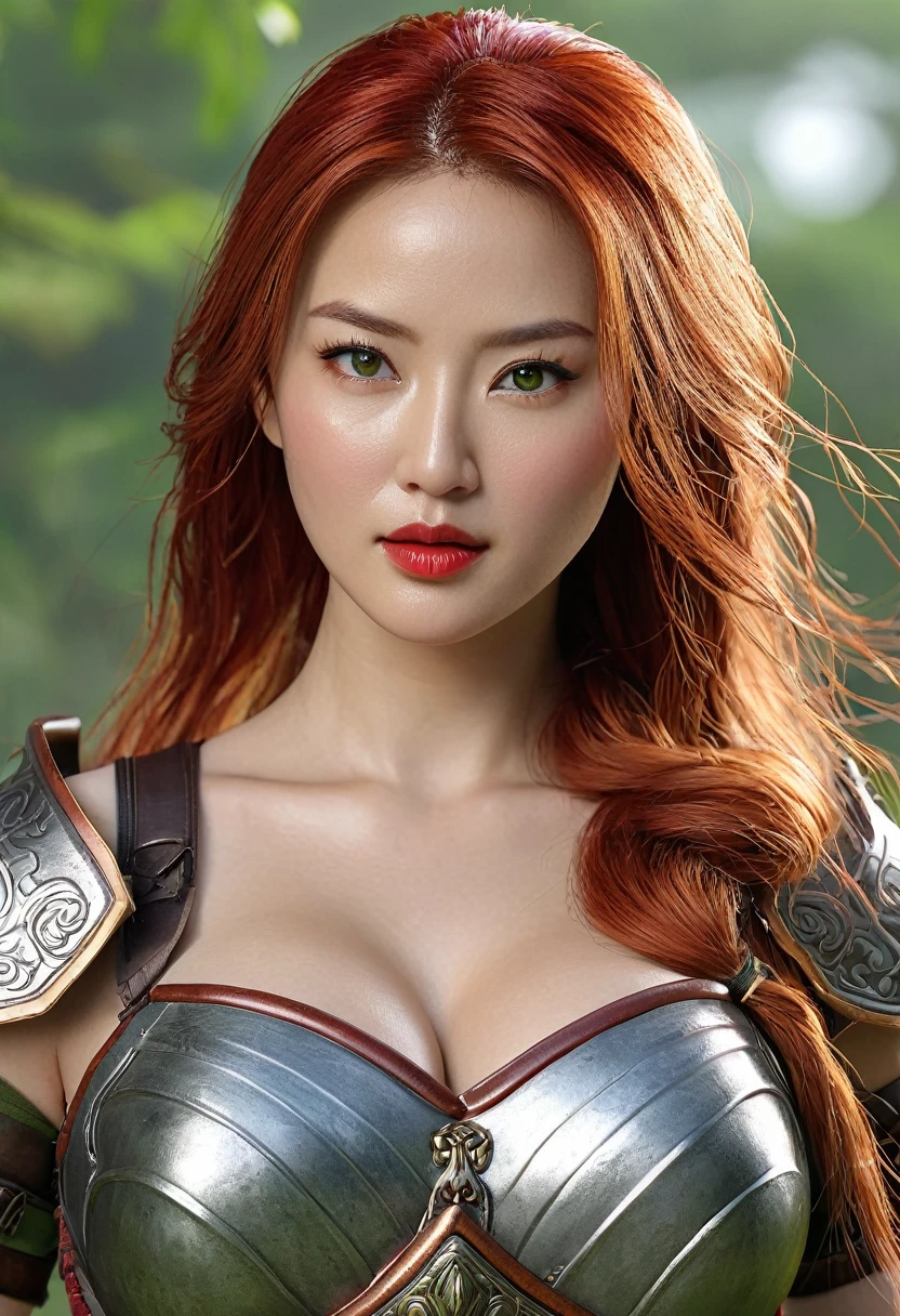 (((Hyper Real)))、(Amazonian female warrior)、
Beautiful woman　high resolution　High resolution　Realistic　Long Hair　Redhead Mature、Adult female、((Big big boobs))　Fine skin、超High resolution、Realistic、Plump figure、((青年のBeautiful woman))、Beautiful expression 、Fine green eyes、Red hair、2５Amazonian female warrior、Big cleavage、Big Ass、Bright red lips、(Simple clothes)and(Wearing simple armor)、(I have a weapon)、