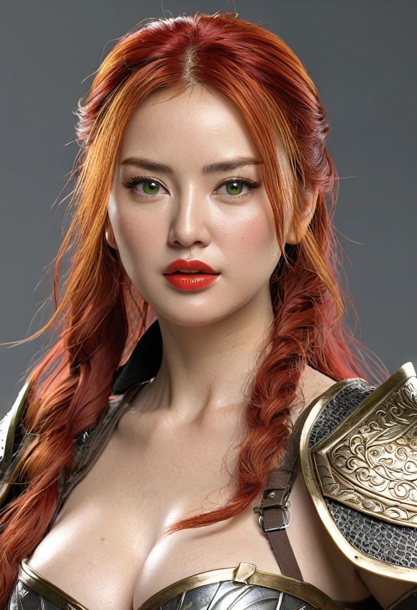 (((Hyper Real)))、(Amazonian female warrior)、
Beautiful woman　high resolution　High resolution　Realistic　Long Hair　Redhead Mature、Adult female、((Big big boobs))　Fine skin、超High resolution、Realistic、Plump figure、((青年のBeautiful woman))、Beautiful expression 、Fine green eyes、Red hair、2５Amazonian female warrior、Big cleavage、Big Ass、Bright red lips、(Simple clothes)and(Wearing simple armor)、(I have a weapon)、