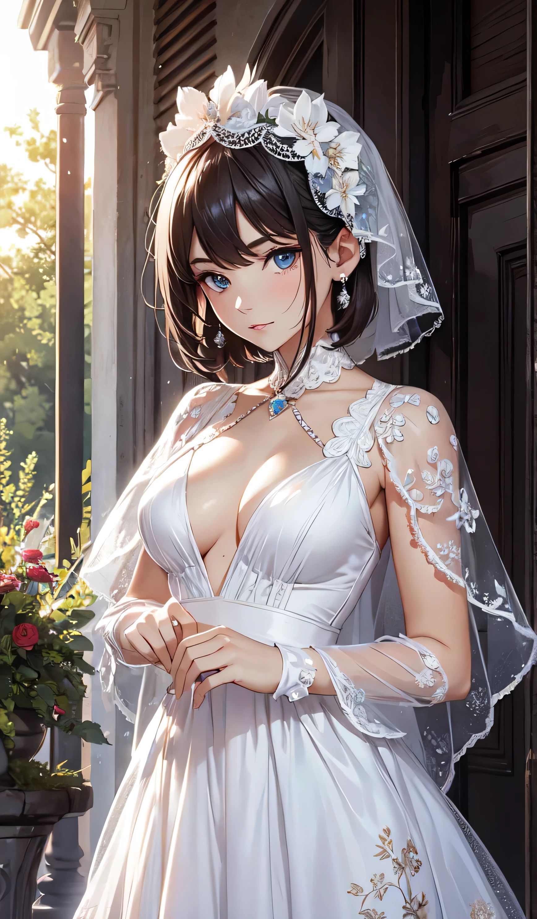 beautiful detailed girl, clear and beautiful, wedding dress, short hair,