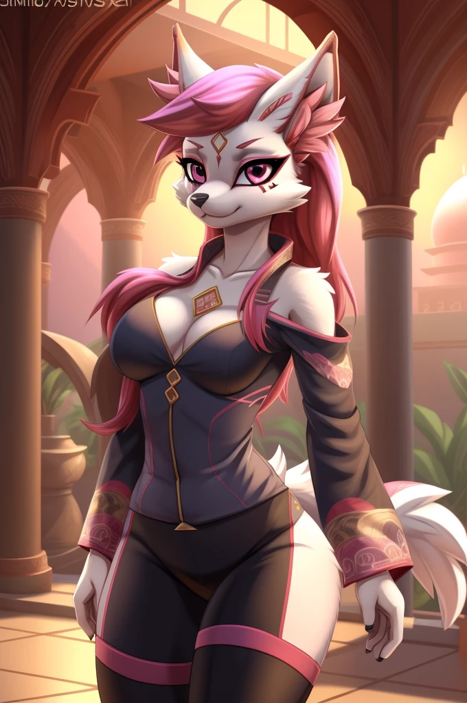 By zinfyuu on pixiv,by twistedscarlet60, uploaded on pixiv, by fluff-kevlar, (masterpiece), (best quality), (anthro furry:1.3, snout:1.2, anthro:1.3, furry:1.2, solo female:1.2), (extremely detailed:1.3), (pink_detailed_eye), wearing black kimono, black leggins, sfw, oriental palace, standing, training room, nature beauty, kimiko, busty, small breast, thick thighs