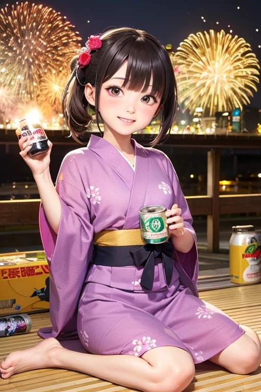 Yukata, firework, can of beer