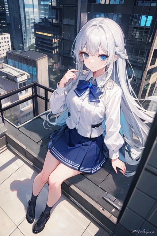 ((Highest quality)), ((masterpiece)), (detailed), One girl, Future service,Future City,Sniper,Sniperラフル,Attention to detail,Silver Hair,blue eyes,Long Hair,skirt,Rooftop,See the target,