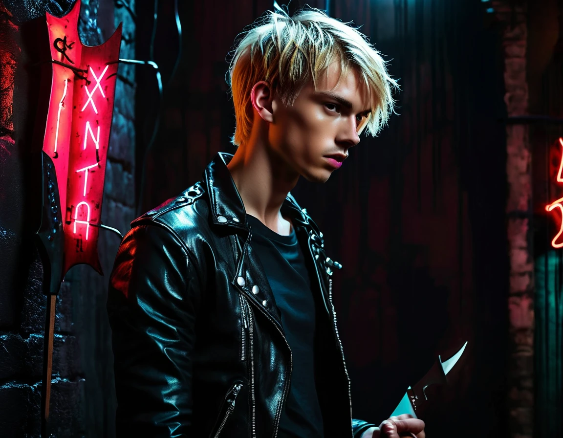 Photorealistic, dark vibes, solo, young man, facing camera, 22 years, pale skin, model (skinny:1.3), (short textured messy blond hair with fringe:1.5), (black leather jacket:1.3), holding knife, dark lighting, BDSM dungeon background foreboding, sexy, (neon sign that says:"CONTEXT":1.8)