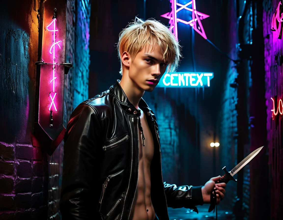 Photorealistic, dark vibes, solo, young man, facing camera, 22 years, pale skin, model (skinny:1.3), (short textured messy blond hair with fringe:1.5), (black leather jacket:1.3), holding knife, dark lighting, BDSM dungeon background foreboding, sexy, (neon sign that says:"CONTEXT":1.8)