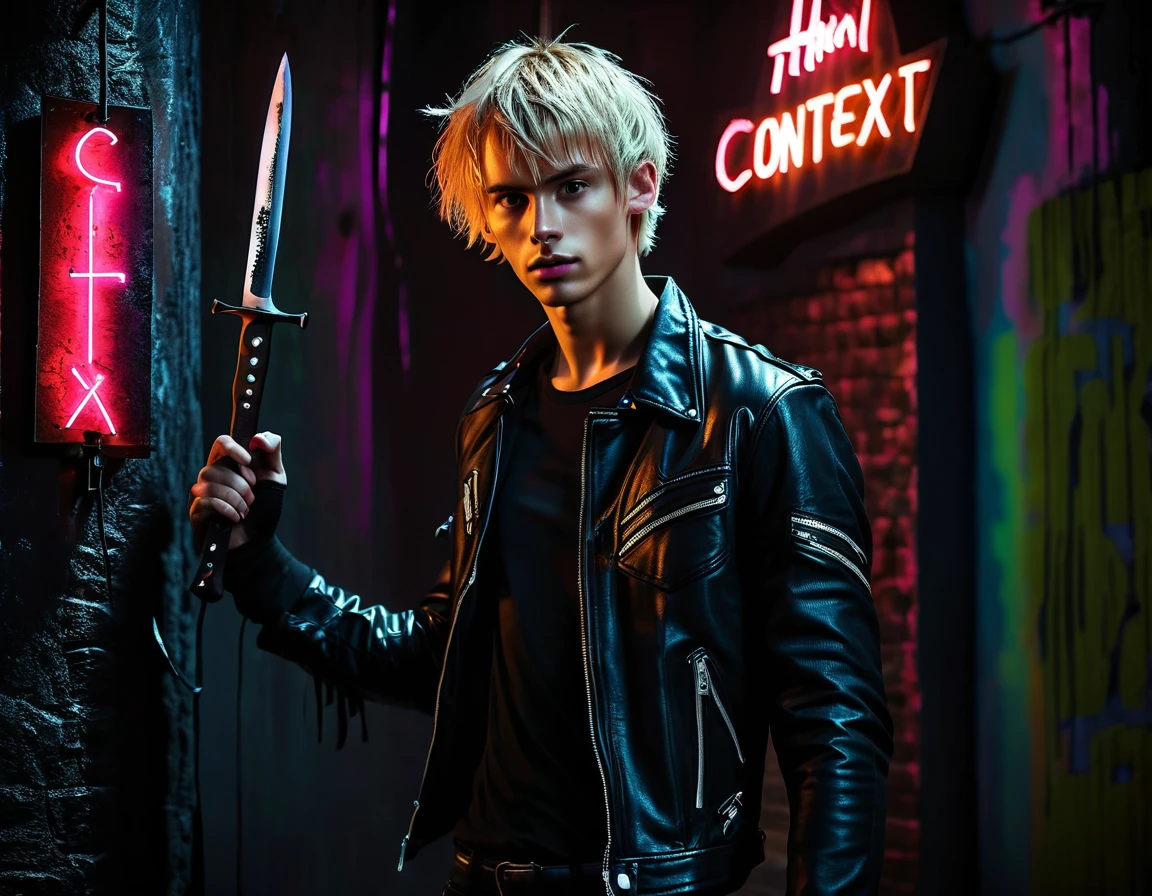 Photorealistic, dark vibes, solo, young man, facing camera, 22 years, pale skin, model (skinny:1.3), (short textured messy blond hair with fringe:1.5), (black leather jacket:1.3), holding knife, dark lighting, BDSM dungeon background foreboding, sexy, (neon sign that says:"CONTEXT":1.8)