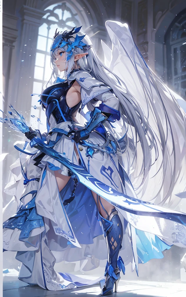 closeup of face, The world of dreams, Elf King's sister,mature face, Long face shape, spiny helmet, , demons, humanoid creature, longponytail, Long elven ears,Her skin is very white, White complexion, Clear eyes, Exquisite silver-blue armor, high heels boots,disheveled black hair, black cloth, Monocular blindfolds, Broken silver blue armor,Worn high heels boots, To know, blindfolds