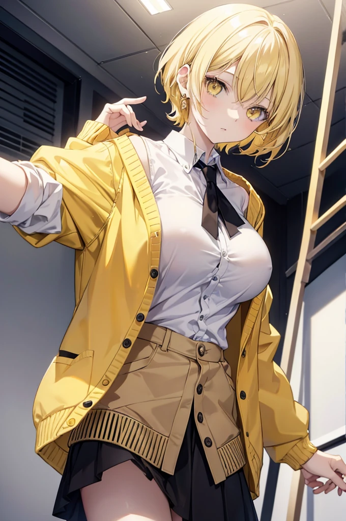 Anime, light yellow short hair, white skin, Wearing a black skirt.,yellow cardigan, light yellow eyes, big breasts, Hair behind the ear