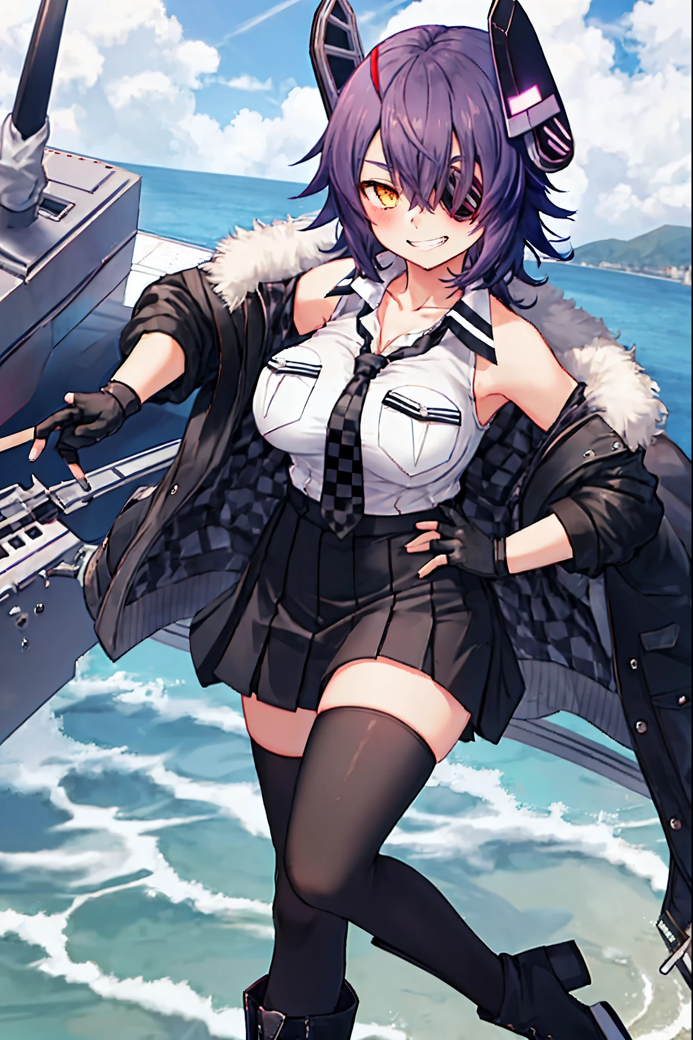 best quality, masterpiece, solo, {tenryuu_kantaicollection:1.15}, teen_girl, eyepatch, short_hair, purple_hair, yellow_eyes, headgear, breasts, necktie, large_breasts, smile, 1girl, blush, checkered_necktie, hair_over_one_eye, shirt, collared_shirt, white_shirt, jacket, sleeveless, brown_eyes, fur-trimmed_jacket, fur_trim, collarbone, looking_at_viewer, pocket, breast_pocket, ,, messy_hair, black_gloves, gloves, partially_fingerless_gloves,harbor_road_landscape_background,outdoor,short_skirt,thigh-highs,boots,sunlight,from_below,grin