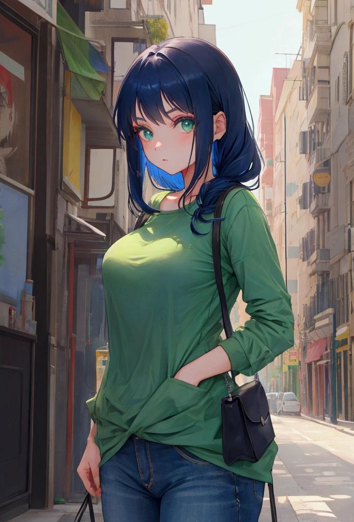 Girl with dark blue hair, green eyes,rectangular body figure, casual clothes