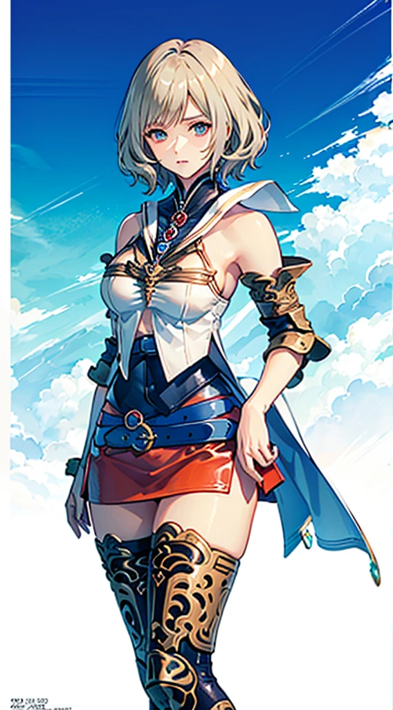 S-curve,s line,(cowboy shot,masutepiece, of the highest quality, Best Quality, Official art, Beautiful and aesthetic:1.2), ighly detailed, Colorful,highest details,Illustrations,Everyday scenery, 1girl in, Solo, (large boob,Final Fantasy 12,Ashelia, shorth hair,short-hair ,Ashelia Costume,Red mini skirt, thighs thighs thighs thighs, Knee socks that cover up to the shin,jewely, Blue belt,Number on one of the belts), is standing, move chart,Medieval fantasy