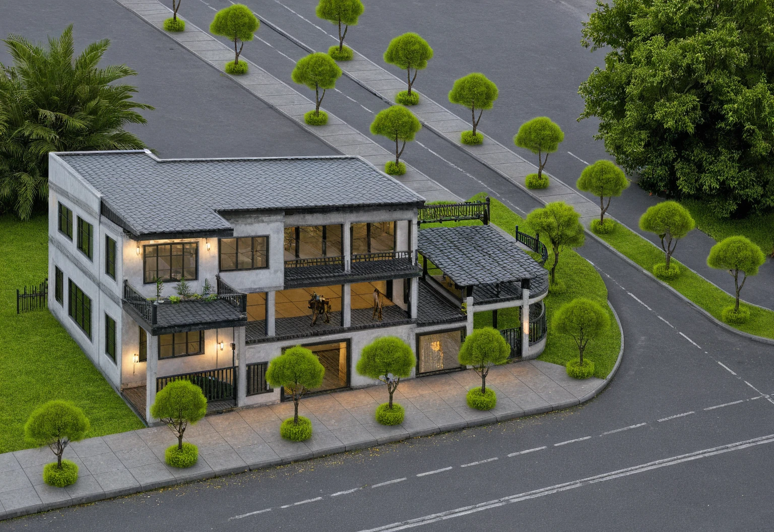 Raw photo,Masterpiece, high quality, best quality, authentic, super detail,
exterior, outdoors, house style indochine on the street ,aiaigroup
road,pavement, grass, trees, sky, cloud, (day:1.1)