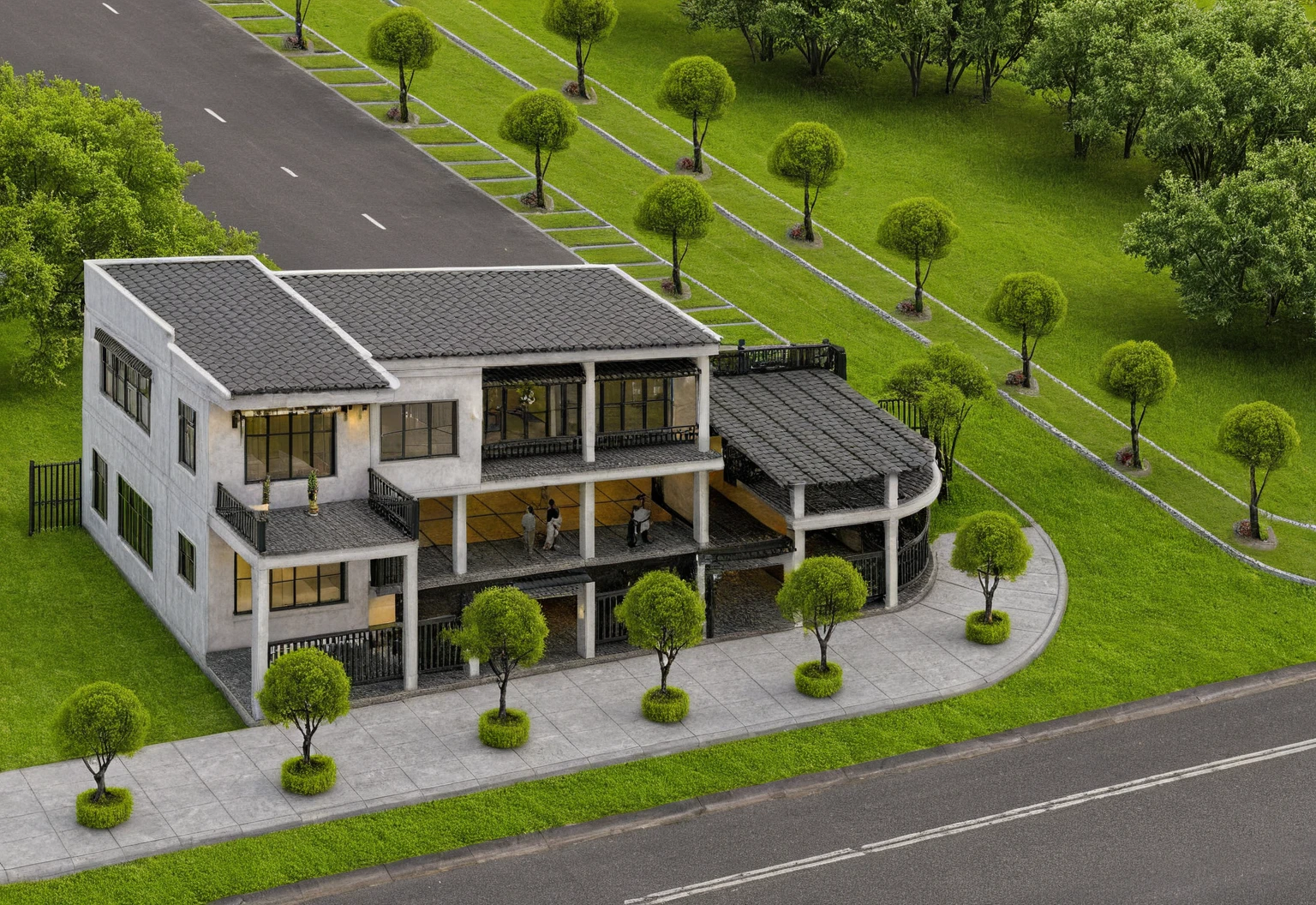 Raw photo,Masterpiece, high quality, best quality, authentic, super detail,
exterior, outdoors, house style indochine on the street ,aiaigroup
road,pavement, grass, trees, sky, cloud, (day:1.1)
