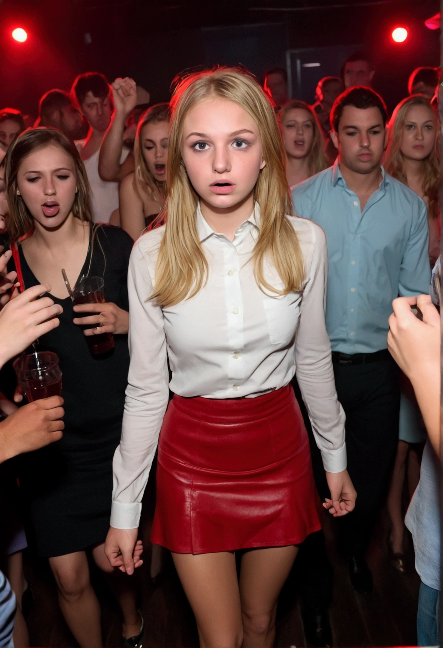 young white girl, disgraced and humiliated in a crowded nightclub. A detailed portrayal of her vulnerability, embarrassment and open bottom are important components. Please, Make sure, that there is a clear focus on her short microskirt and her red, splenic face.