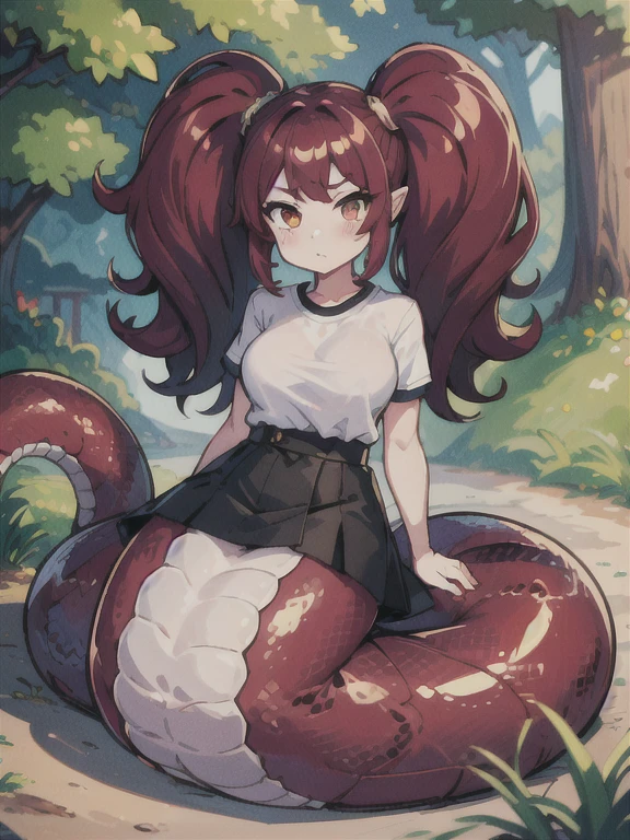 High detail、masterpiece、Perfect single tail、One girl, Lamia, scale, White shirt,The waist is human、The crotch is human、 whole body, Outdoor,mega twintails、Voluminous hairstyle、Red and black striped tail、monster Girl、Charm、Rattlesnake tail tip、The waist is flesh-colored