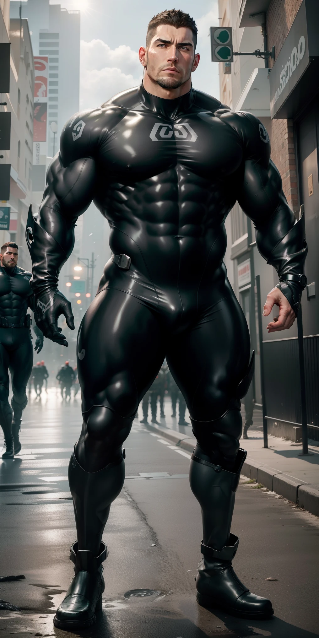 2 meters high, Muscular man opens his mouth and screams., Light grey camouflage uniform, He is tall, Character Concept(生化危机 - Chris Redfield, Chris Redfield)Wearing a light gray camouflage wetsuit, Tightly entangled by the thick octopus tentacles, Regular symmetrical texture pattern, Standing on the street,Octopus tentacles on hands, Lots of slime octopuses and sludge, Sad expression, Deep and charming eyes, Emerald Eyes Hero, Heroic male pose, Tall and Burly, muscular!Attractive leg muscles, High target, Burly, Heqiang, Wearing a light gray camouflage wetsuit, Super Buff and Coolness, High Resolution Committee, Big feet in black boots, Charismatic strongman, The bright sunshine shines on you, Matte particles, Shiny texture