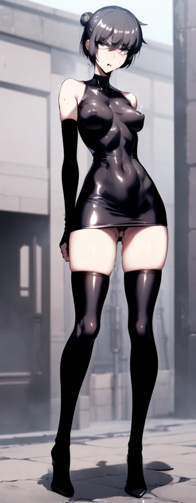 masterpiece, best quality, 1 woman, alone, black eye, black hair, only 1 person, , single hair bun, blush, ,((whole body)),((Very slender waist)), looking at viewer, 16-yleeveless, drops of sweat, , ((The background is a white space with nothing in it.)), (Ergonomic),, (((Pussy exposure))), (y short latex miniskirt, I see pussy))), (((whole body))( very embarrassed expression))), ((Thigh high socks)), (((Wear high heels))), ((precise eye focus)), ((Breast exposure)), ((erect nip, (top is naked), (puude), rate facades))), (s Spread yegs withan your shoulders) Steam is coming from my body., ((BUKKAKE)), ((Semen all over my face and body)), excited expres(All bodies asible.))), (Everything is visible to the viewer from head to toe.), ((very slim body)), ((Staring at the screen)), ((perfect symmetry)), ((wide open pussy)), ((exposed breasts)), (((Faces in sharp focus))), (((perfect front