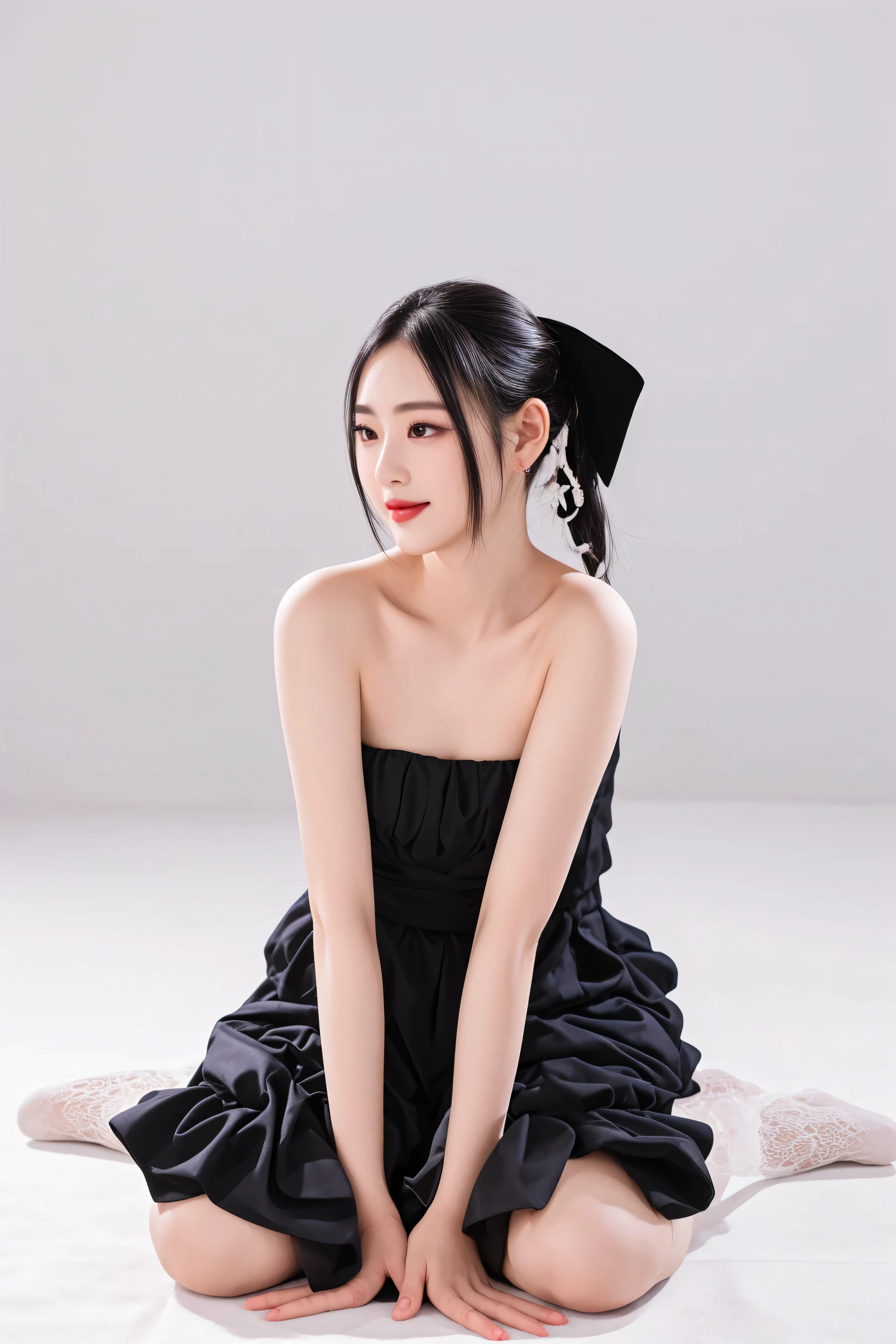 there is a woman sitting on the floor in a black dress, full body xianxia, Yoshitomo Nara, captured on canon eos r 6, she is wearing a black dress, dilraba dilmurat, jia, Cute elegant pose, yun ling, wearing long gown, elegant smiling pose, xintong chen