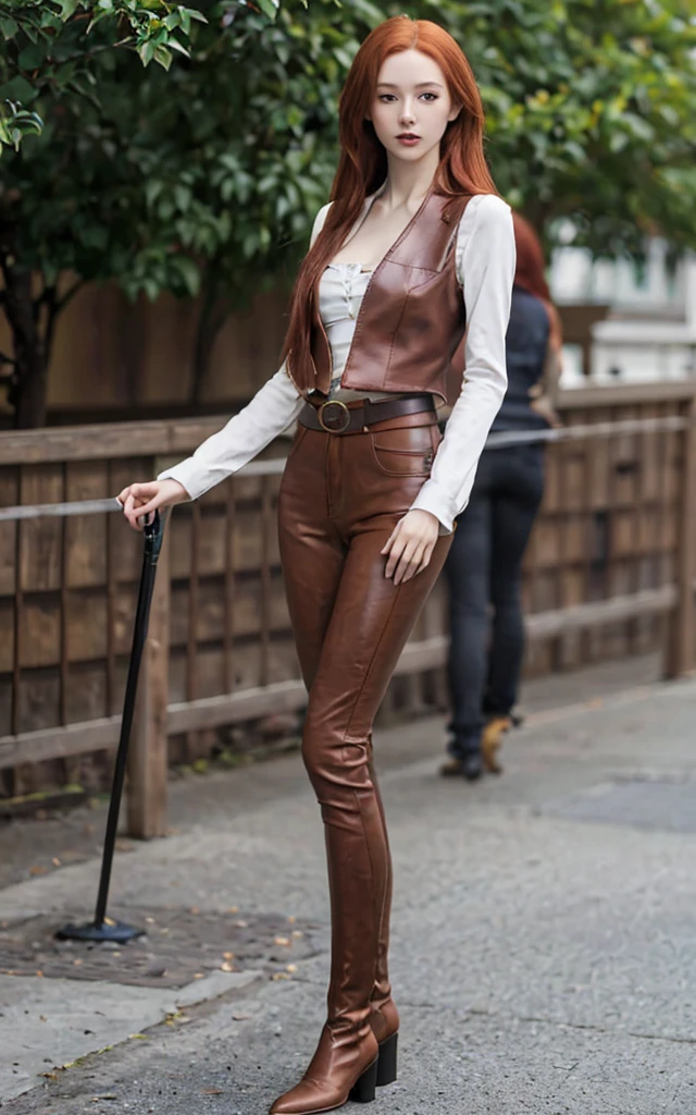 A slender girl 17 years with long cherry-red hair, porcelain skin, dressed in a shirt, brown leather trousers and vest, leather boots in a fantasy style. Thin waist, double chest size and slender legs, round buttocks, looks at the viewer from head to toe, High Definition, Masterpiece, DetailedУлыбаться,