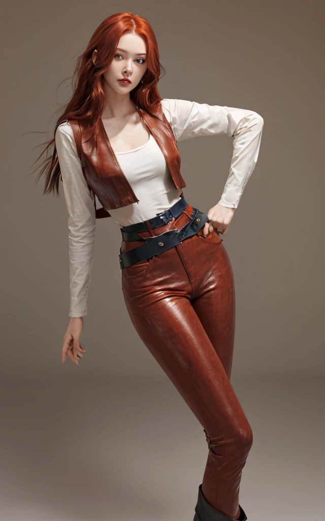 A slender girl 17 years with long cherry-red hair, porcelain skin, dressed in a shirt, brown leather trousers and vest, leather boots in a fantasy style. Thin waist, double chest size and slender legs, round buttocks, looks at the viewer from head to toe, High Definition, Masterpiece, DetailedУлыбаться,