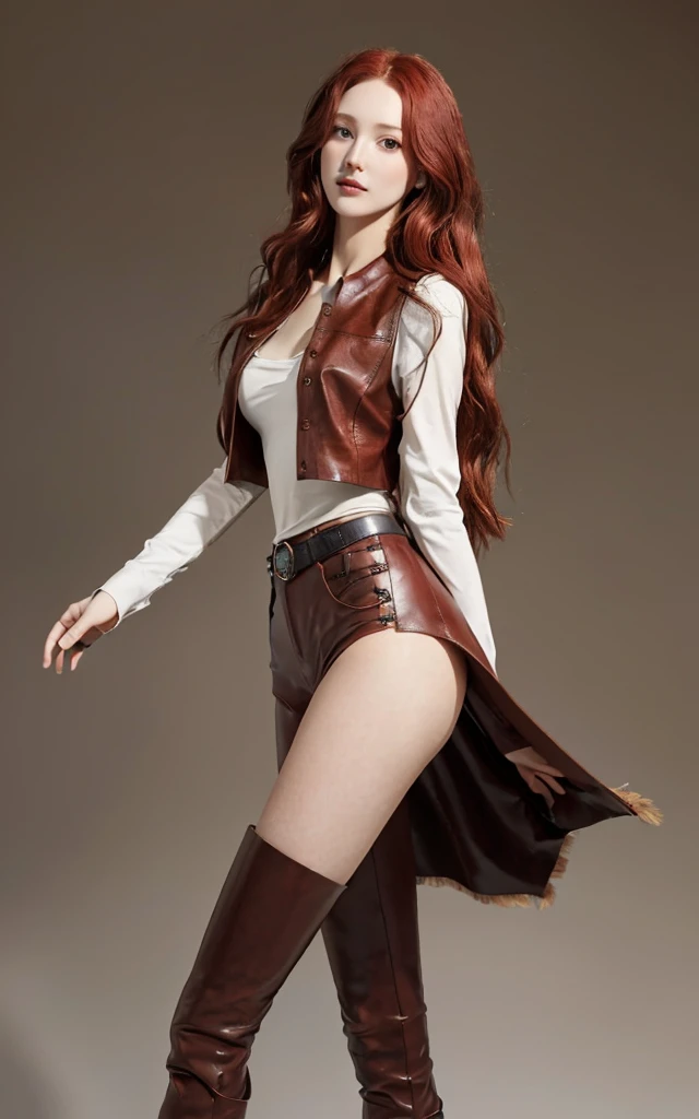 A slender girl 17 years with long cherry-red hair, porcelain skin, dressed in a shirt, brown leather trousers and vest, leather boots in a fantasy style. Thin waist, double chest size and slender legs, round buttocks, looks at the viewer from head to toe, High Definition, Masterpiece, DetailedУлыбаться, 