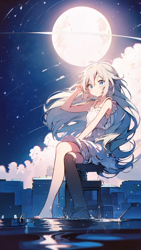 Seven-doppelganger shot，Anime style 4K,High quality anime art style，Standing painting，Splash ink background，Blue Themes、Pure white background,Buildings,Face close-up,Buildings,Moon and sun、Shining Star々,milky way,Bright Sky,Looking at me,Facing forward,Clear eyes and nose,cute,beautiful,Thin legs,sitting by the water, black hair, Blue eyes, girl, bob, front, cute,Blue Background,Black Hair,Short Bob,Lolita Fashion