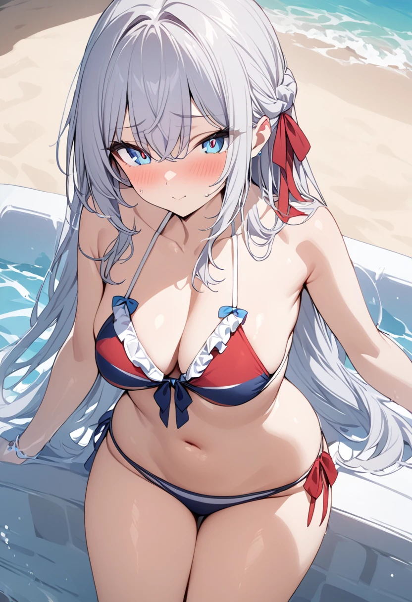 masterpiece, Highest quality,One Girl,Swimwear、Red ribbon、Blue eyes,