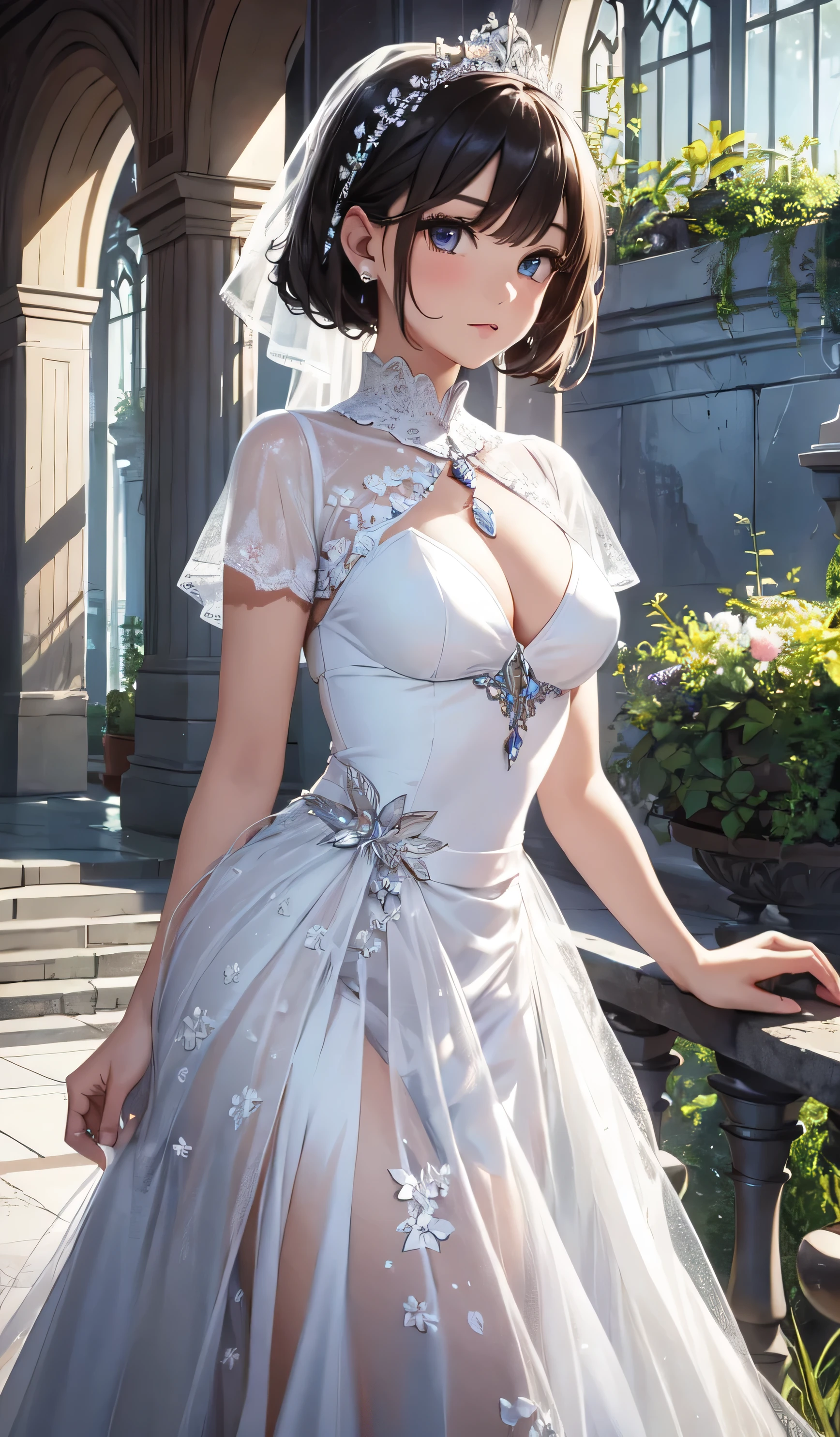 beautiful detailed girl, clear and beautiful, wedding dress, short hair,