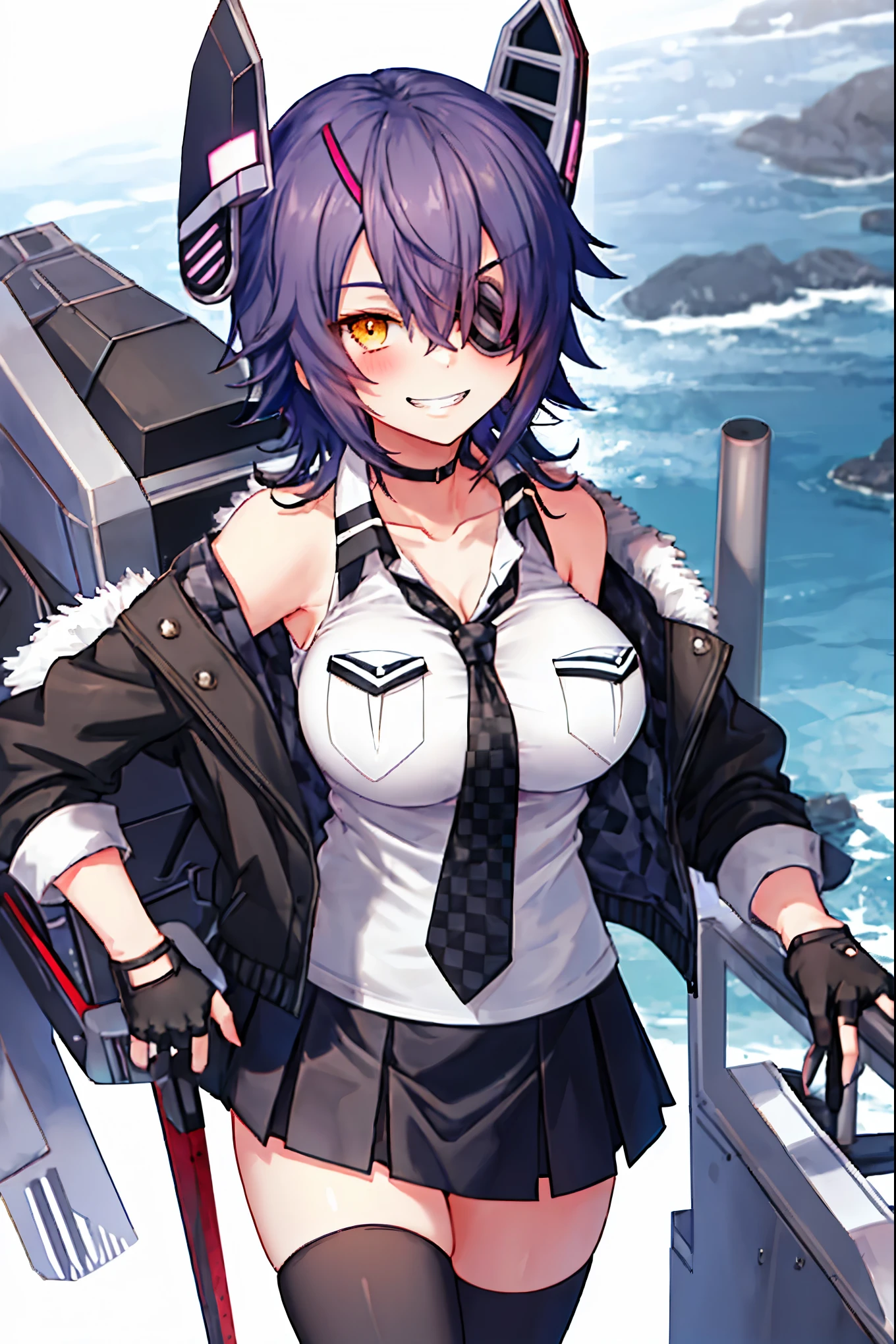 best quality, masterpiece, solo, {tenryuu_kantaicollection:1.15}, teen_girl, eyepatch, short_hair, purple_hair, yellow_eyes, headgear, breasts, necktie, large_breasts, smile, 1girl, blush, checkered_necktie, hair_over_one_eye, shirt, collared_shirt, white_shirt, jacket, sleeveless, brown_eyes, fur-trimmed_jacket, fur_trim, collarbone, looking_at_viewer, pocket, breast_pocket, ,, messy_hair, black_gloves, gloves, partially_fingerless_gloves,harbor_road_landscape_background,outdoor,short_skirt,thigh-highs,boots,sunlight,from_below,grin