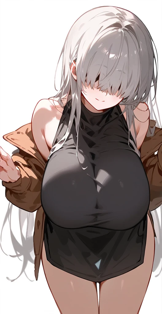 (((Long grey Beautiful Hair))),greys hair,kawai,(((Eyes visible from bangs,hair over eyes:1.3))),,Huge breasts,(yellow color eyes),,(yellw slanted eyes),Long bangs covering his right eye (wearing a black shirt) wearing an open brown jacket (Pose right hand hanging down) left hand holding a rectangular piece of cream cake with pink strawberry jam (soft smile) white background