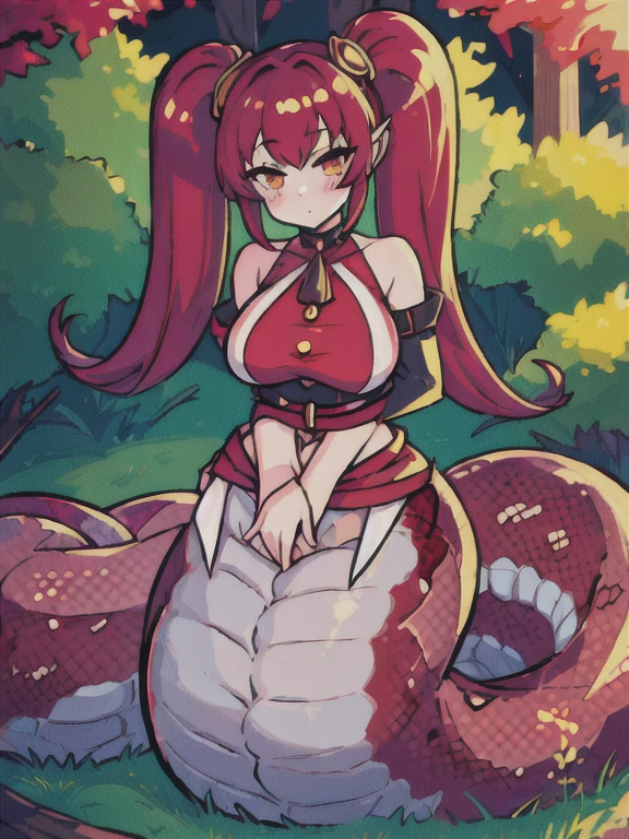 High detail、masterpiece、Perfect single tail、One girl, Lamia, scale, White shirt,The waist is human、The crotch is human、 whole body, Outdoor,mega twintails、Voluminous hairstyle、Red and black striped tail、monster Girl、Charm、Rattlesnake tail tip、The waist is flesh-colored