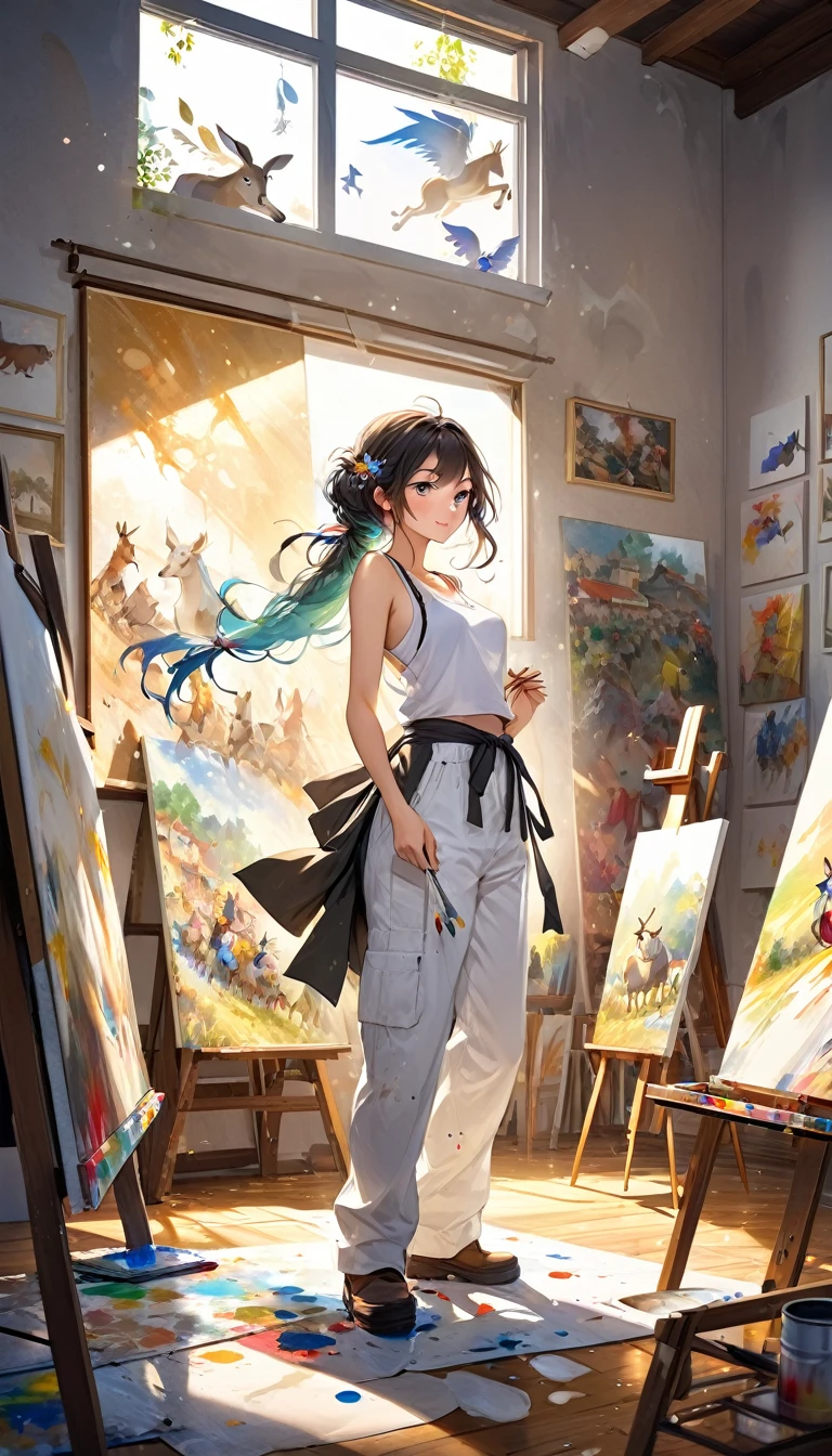beautiful woman is (painting scene from the Grimm fairy tale "The Bremen Town Musicians" depicting the marching animals on canvas), (focus on canvas painting:1.5), tied up hair, wearing (white tank top, ivory work pants, apron, paint is splashed here and there), sunlight shines into a dimly lit room, the room is cluttered with art supplies, conceptual installation art, 2.5D, delicate and dynamic, fusion of watercolors and oil paintings, magic of vivid color shades and contrasts, gradation, foggy filter effects