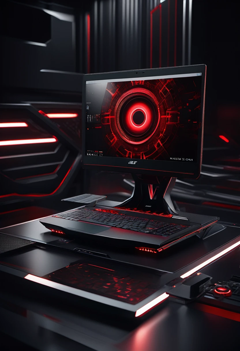 A menacing futuristic industrial design laptop noteook in a white photography studio, highly detailed hi tech details, a matte black portable computer with red details. Matte black computer body melds with a few red led lights. Cinematic low-key lighting accentuates sharp edges and amazing product design. Better than Acer Pradator and Alienware computer design. Hyper-detailed textures reveal intricate minimalist and creative industrial design. Dramatic composition emphasizes the computer screen in front of camera. Color palette contrasts deep blacks with vibrant reds and cool whites. Rendered in ultra-high 8K resolution, capturing every eerie detail.