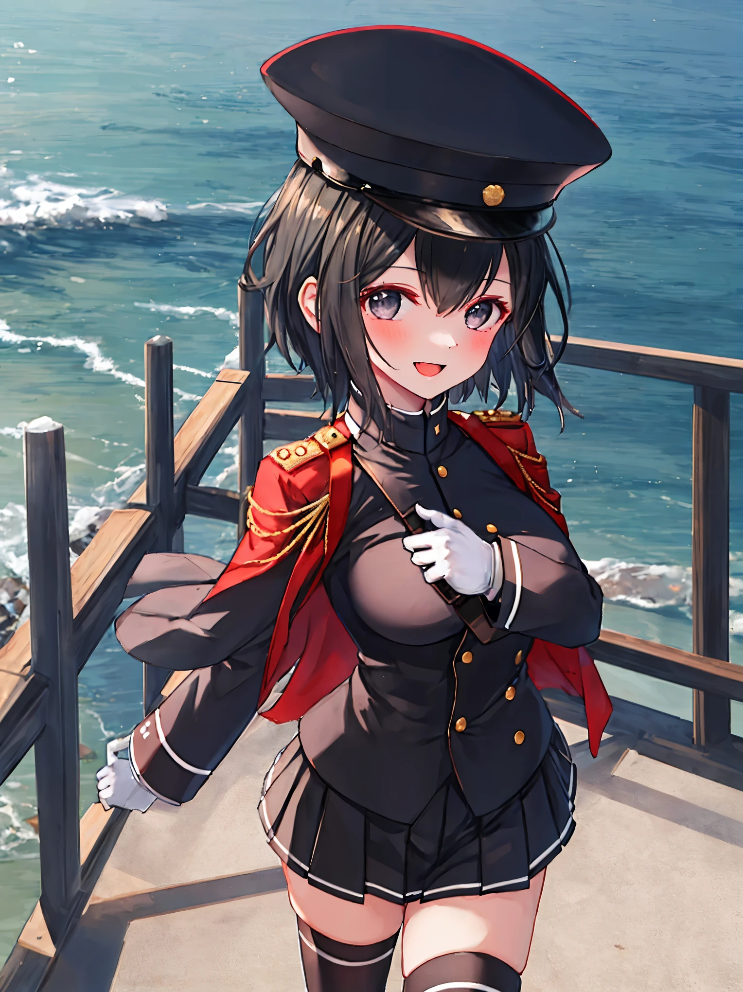 best quality, masterpiece, solo, {akitsu_maru_kantaicollection:1.15}, black_hair, short_hair, hat, peaked_cap, black_eyes, military, big_breasts, 1girl, black_headwear, looking_at_viewer,black_ military_uniform, uniform, military_hat, in_front_harbor_town_landscape_background, smile,(plump:0.7),,black_thigh-highs,joylight_open_mouth,