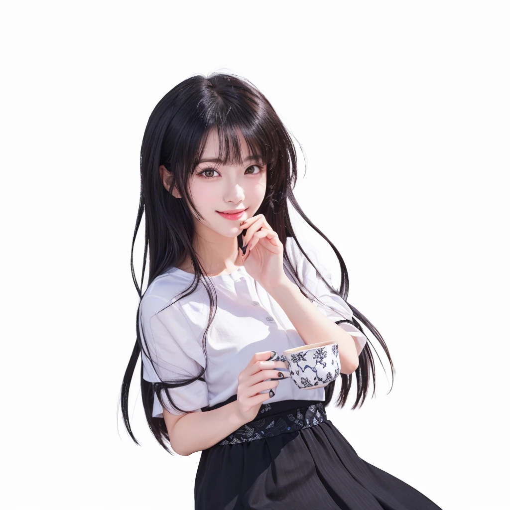 Realistic Woman with long black hair and white shirt holding a cup, realistic moe artstyle, iwakura lain, realistic visual of a cute woman, wearing a black dress, portrait of lain iwakura, hanayamata, gapmoe yandere grimdark, portrait of an realistic woman, blunt bangs, Detailed hands, Cup, smile, Woman