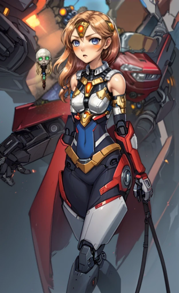 a close up of a girl in armor with a device in her hand, mechanized valkyrie girl, girl in mecha cyber armor, cyborg merchant girl, armor girl, cute cyborg girl, mechanized soldier girl, perfect anime cyborg woman, android heroine, portrait armored astronaut girl, female mecha, holy cyborg necromancer girl, cyborg girl, cyborg noble woman, standing, white robot body, thin body
