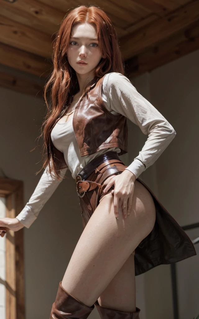 A slender girl 17 years with long cherry-red hair, porcelain skin, dressed in a shirt, brown leather trousers and vest, leather boots in a fantasy style. Thin waist, double chest size and slender legs, round buttocks, looks at the viewer from head to toe, High Definition, Masterpiece, DetailedУлыбаться, 