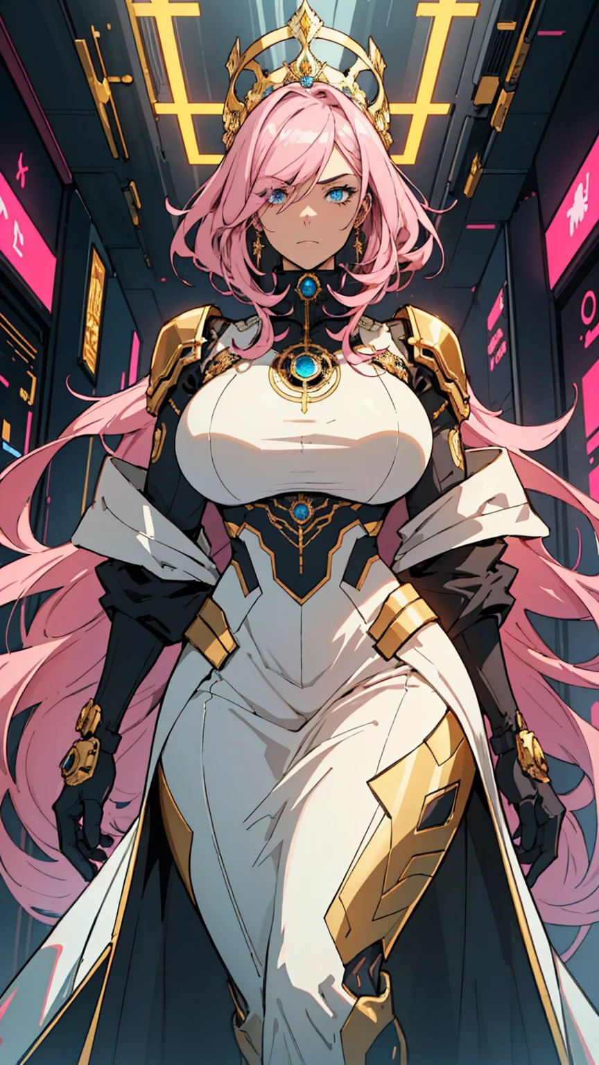 1 confident woman with floor-length pink hair, huge and big breasts, Futuristic royal costume in white with black and gold details, tall woman, blue detailed eyes,  , judgmental look, golden metal skulls, sovereign pose, cyberpunk queen, solo girl, 35 year old
