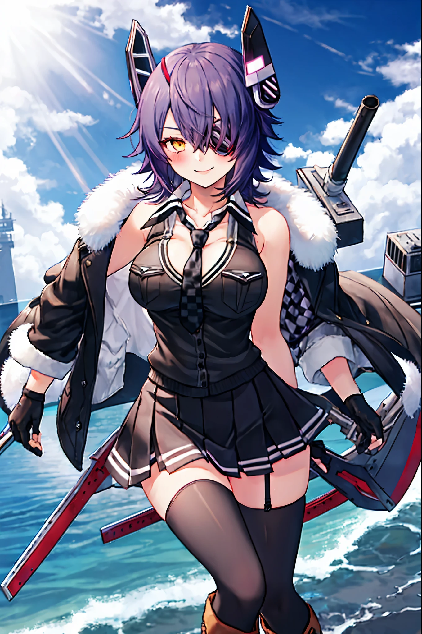 best quality, masterpiece, solo, {tenryuu_kantaicollection:1.}, teirl, eyepatch, short_hair, purple_hair, yellow_eyes, headgear, breasts, necktie, large_breasts, smile, 1girl, blush, checkered_necktie, hair_over_one_eye, shirt, collared_shirt, white_shirt, jacket, sleeveless, brown_eyes, fur-trimmed_jacket, fur_trim, collarbone, looking_at_viewer, pocket, breast_pocket, ,, messy_hair, black_gloves, gloves, partially_fingerless_gloves,harbor_road_landscape_background,outdoor,short_skirt,thigh-highs,boots,sunlight,from_below