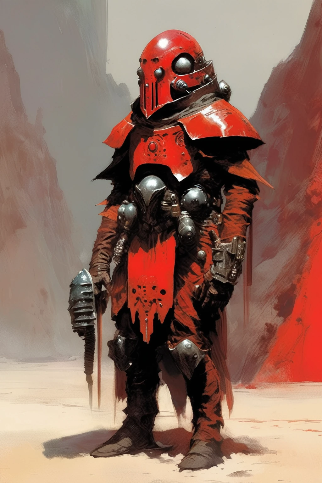 A inquisitor, concept art, cyberpunk, stranger, fighter, star wars, heavy armor, heavy helmet, frank frazetta style, alone, alien ambient, red drawnings on the helmet, red tribal drawnings on the armor, not rotten