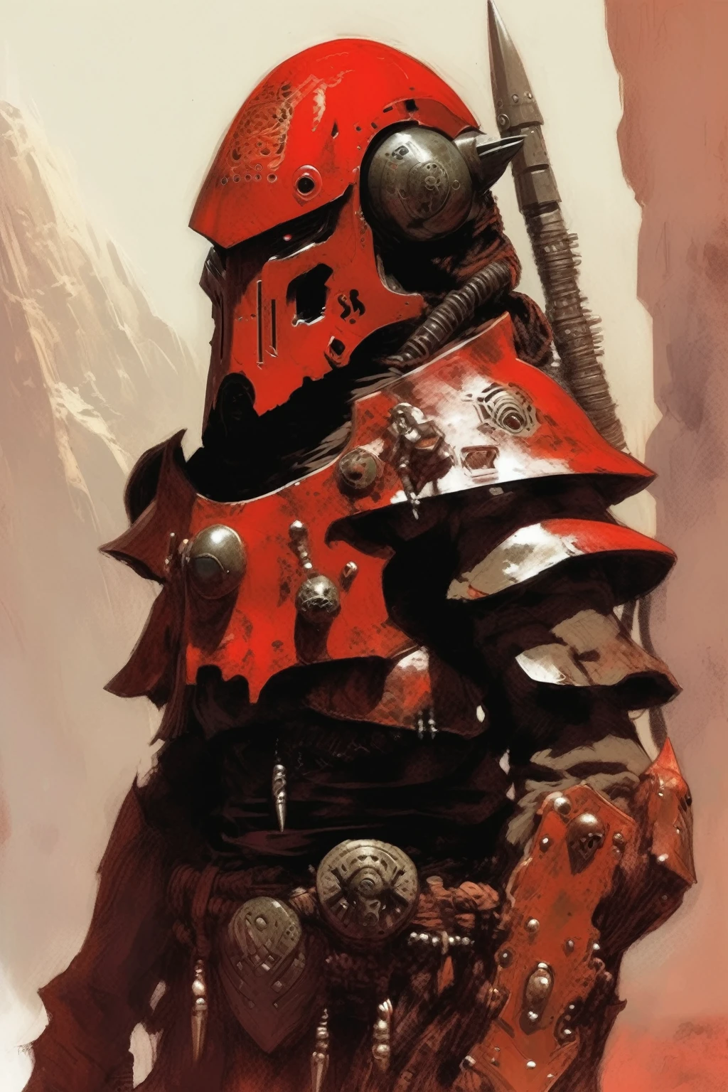 A inquisitor, concept art, cyberpunk, stranger, fighter, star wars, heavy armor, heavy helmet, frank frazetta style, alone, alien ambient, red drawnings on the helmet, red tribal drawnings on the armor, not rotten