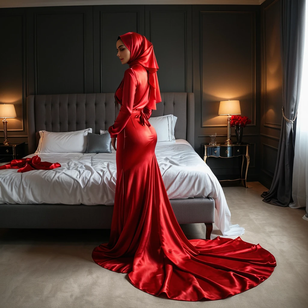 a woman in the translucent silk red gown, tight full body tied, satin sheet, nipple on with nipple piercing, satin hijab, full body, long satin,mermaid tight long gown, flowy dramatic long gown, tall women, satin bed, strugle to walk, wear high heels, satin bed, masterpice