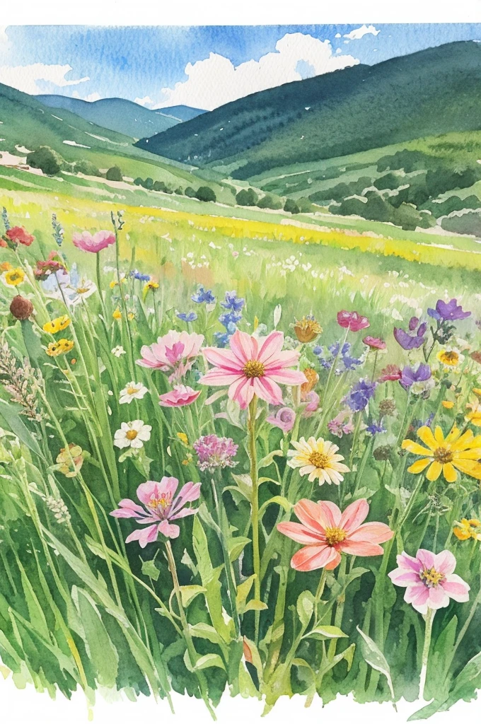 A watercolor illustration of small wildflowers and flowers lined up side by side