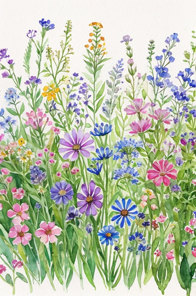 A watercolor illustration of small wildflowers and flowers lined up side by side